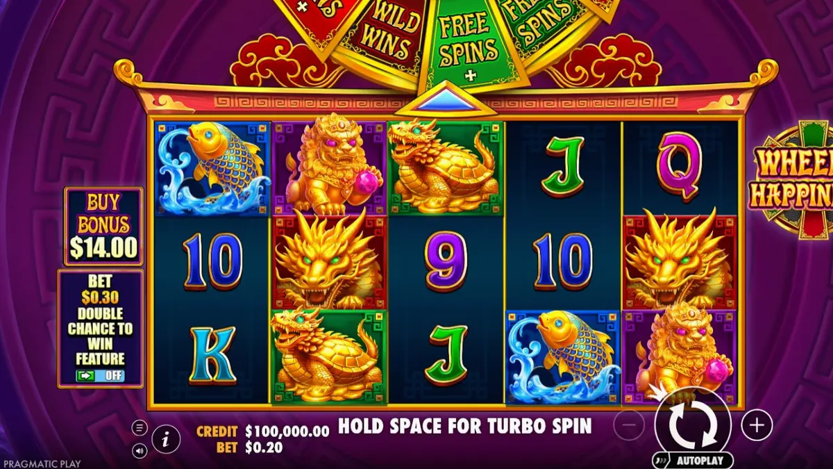 Tampilan visual slot Wheel of Happiness dengan tema naga emas dan nuansa oriental